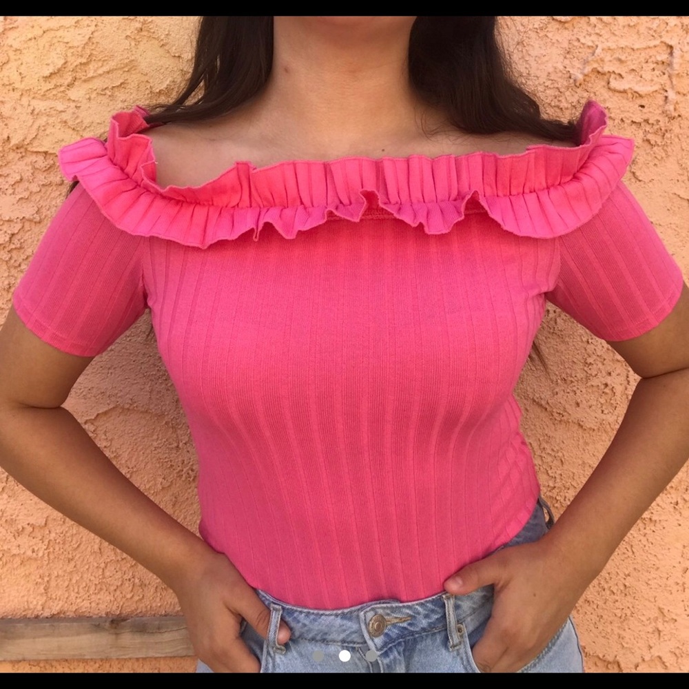 PINK OFF THE SHOULDER RIBBED RUFFLE TOP - Picture 2 of 3
